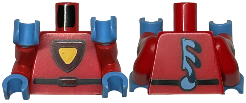 Lego Torso Yellow and Dark Red Triangular Shield with Black Outline, Belt, Medium Blue Spine Fins on Back Pattern / Red Double Arms with Shields Pattern / Medium Blue Hands