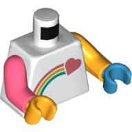 Lego Torso, Odd Arms and Hands, Coral Shooting Heart and Rainbow Print, Left Bright Light Orange Arm and Dark Azure Hand, Right Coral Arm and Bright Light Orange Hand / White