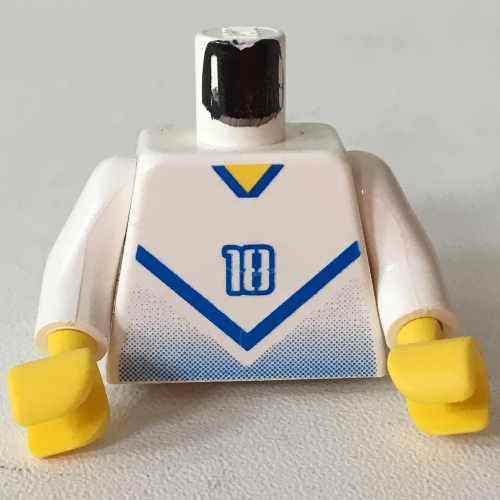 Lego Torso Soccer Shirt with Blue Chevron and '18' Front and Back Print, White Arms, Yellow Hands / White