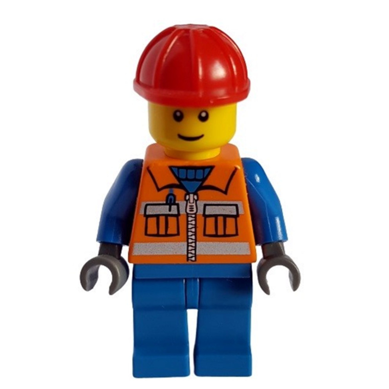 Lego Construction Worker, Orange Safety Vest with Zipper and Pockets, Blue Legs, Red Hard Hat