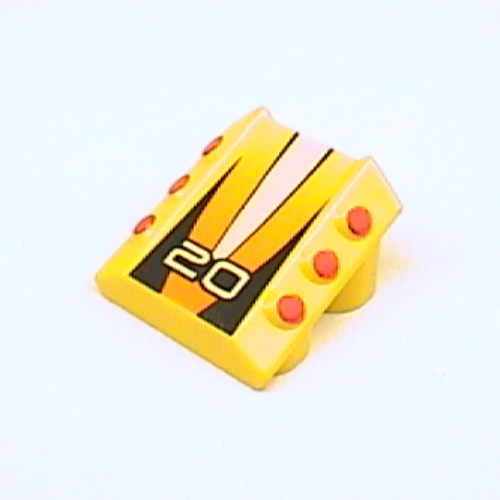 Lego Brick Sloped 2 x 2 No Studs, with 3 Side Pistons Raised Edges and '20' Print / Yellow