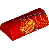 Brick Curved 2 x 4 Double, No Studs with Bright Light Orange Dots, Rust-eze Logo Print / Red