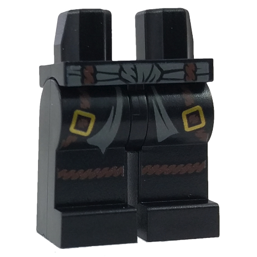Lego Hips and Black Legs with Dark Bluish Gray Sash and Dark Brown Belts with Gold Buckles and Dark Brown Rope Knee Wraps / Black