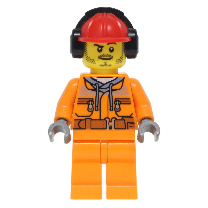 Lego Construction Worker, Safety Jacket over Hoodie with Belt, Orange Legs, Red Hard Hat with Ear Defenders, Stubble