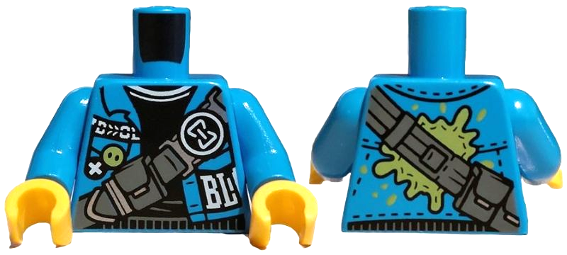 Lego Torso Jacket Open, White 'BL', Black Sweater, Dark Bluish Gray Strap with Pouches, Hourglass Buckle Pattern / Dark Azure Arms / Yellow Hands