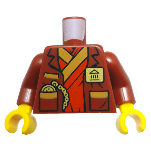 Lego Torso, Jacket over Red Ninja Robe, Gold Badge, Watch on Chain, Trim print, Dark Red Arms, Yellow Hands / Dark Red