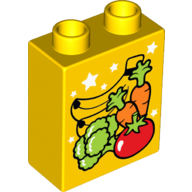 Lego Duplo Brick 1 x 2 x 2 with Bottom Tube - Fruit (Banana, Carrot, Broccoli, Tomato) Print / Yellow