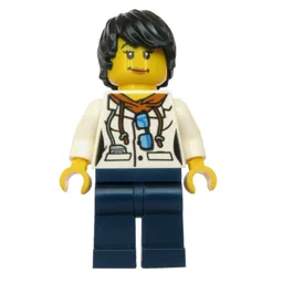 Scientist, Woman, White Jacket over Hoodie with Sunglasses, Dark Blue Legs, Black Hair