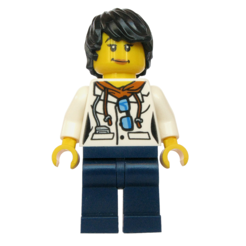 Lego Scientist, Woman, White Jacket over Hoodie with Sunglasses, Dark Blue Legs, Black Hair