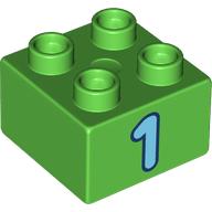 Lego Duplo Brick 2 x 2 with Medium Azure '1' Print / Bright Green
