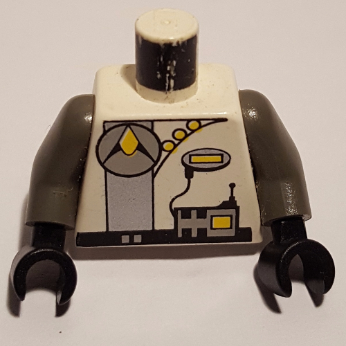 Lego Torso Exploriens Logo with Radio Print, Dark Gray Arms, Black Hands / White