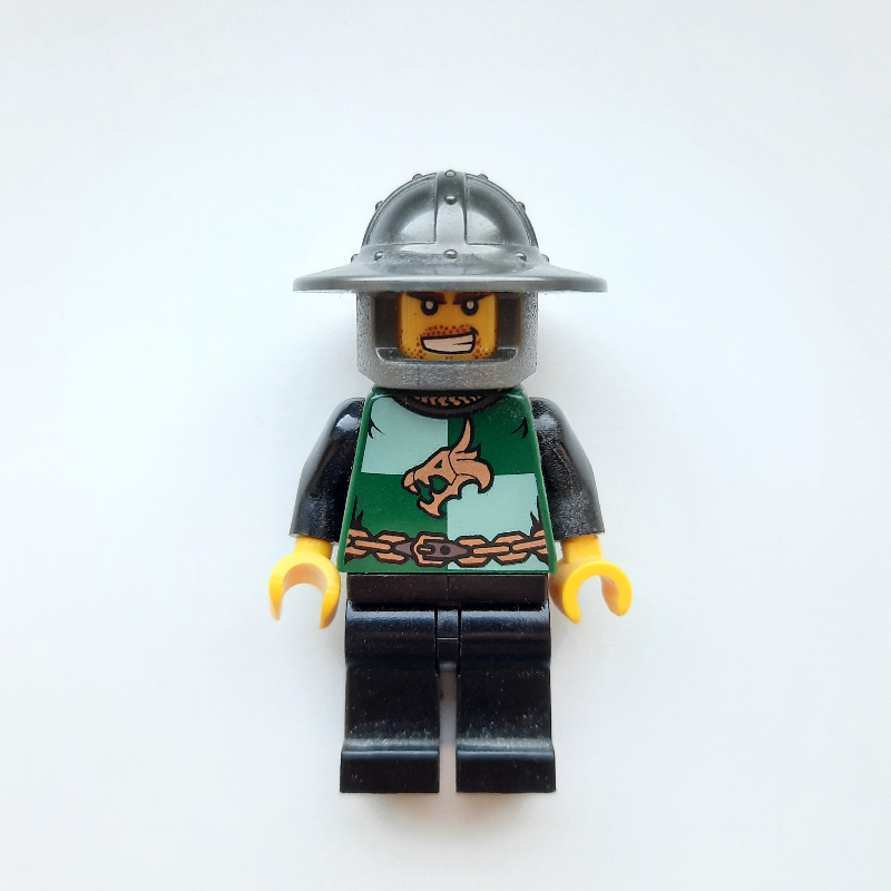 Lego Dragon Knight, Dark Green, Wide Brim Helmet, Angry (Pearl Dark Gray)