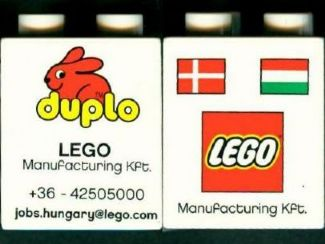 Lego Duplo, Brick 2 x 2 x 2 with LEGO Logo, Duplo Logo, Danish and Hungarian Flag Pattern-LEGO Factory Hungary Promotional (Version without Postal Address)