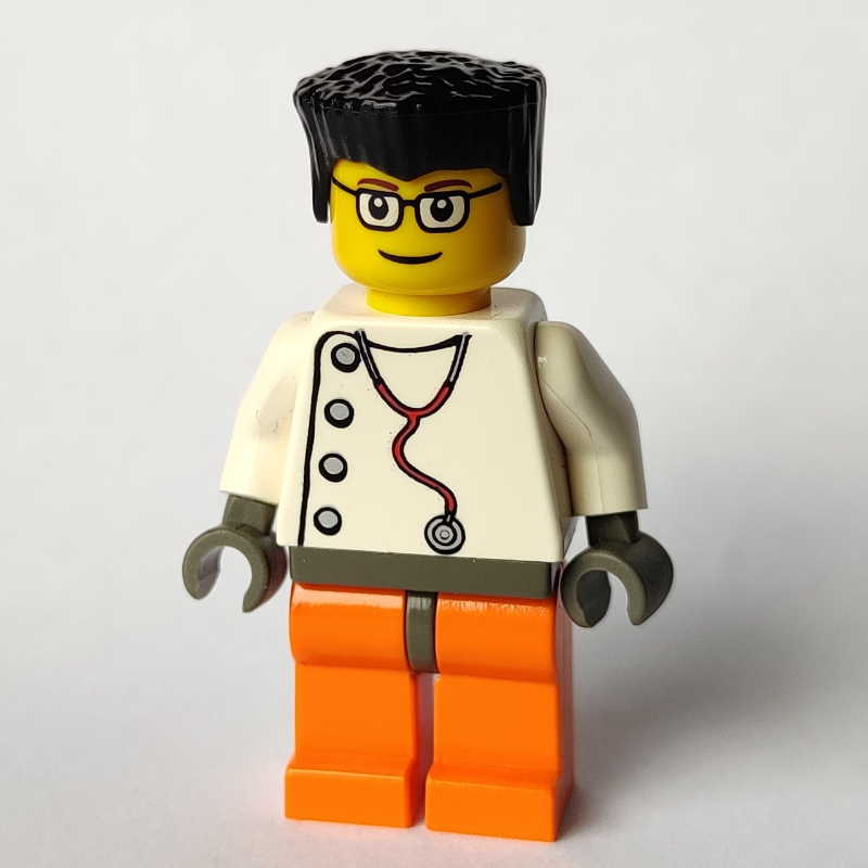 Lego Doctor, White Shirt with Stethoscope and Side Buttons, Black Hair, Glasses