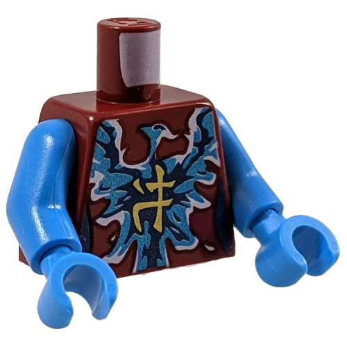 Lego Torso Dark Blue and Azure Energy Bird (Phoenix) with Gold Asian Character Print, Dark Azure Arms and Hands / Dark Red