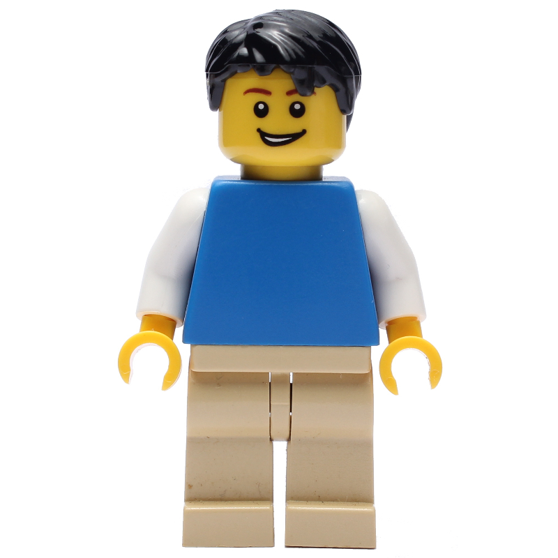 Lego Blue Torso, Tan Legs, Black Hair