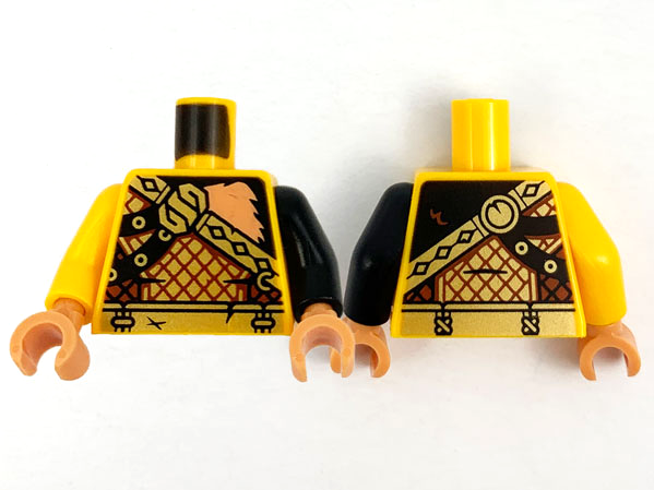 Lego Torso Nougat Fur with Gold Crossbelt and Armor Pattern / Black Arm Left / Bright Light Orange Arm Right / Nougat Hands