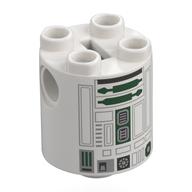 Lego Brick Round 2 x 2 x 2 Robot Body, Axle Holder '+' Orientation with Dark Green Astromech Droid Print / White
