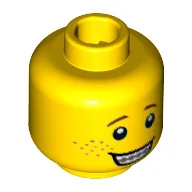 Minifig Head Pizza Delivery Man, Open Mouth Smile with Teeth and Braces, Freckles Print / Yellow