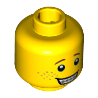 Lego Minifig Head Pizza Delivery Man, Open Mouth Smile with Teeth and Braces, Freckles Print / Yellow
