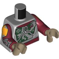 Lego Torso, Dark Green/Dark Red Worn-out Mandalorian Armor (Boba Fett) print, Dark Red Arms, Dark Tan Hands / Light Bluish Gray