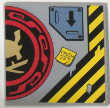 Lego Tile 6 x 6 with Bottom Tubes, Textured Surface with Samurai Helmet and Swords in Red and Black Circle Right Half, Arrow and 'FINISH JET!' Pattern (Sticker) - Set 70596