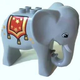 Duplo Animal Elephant Adult Stationary Head, Four Studs, Angular Eye, Tusks, and Red Blanket with Stars Print / Light Bluish Gray