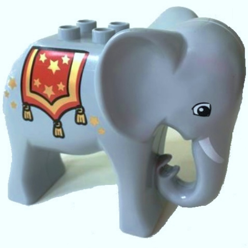 Lego Duplo Animal Elephant Adult Stationary Head, Four Studs, Angular Eye, Tusks, and Red Blanket with Stars Print / Light Bluish Gray