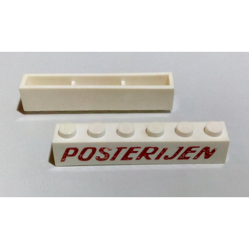 Lego Brick 1 x 6 without Bottom Tubes with Cross Side Supports with 'POSTERIJEN' Italic Red Print / White