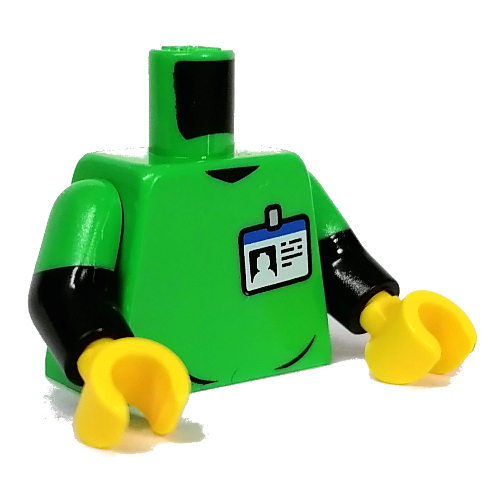 Lego Torso, Dual Molded Arms with ID Badge, Blue 'RESCUE' Logo print, Bright Green Sleeves Pattern, Black Arms, Yellow Hands / Bright Green