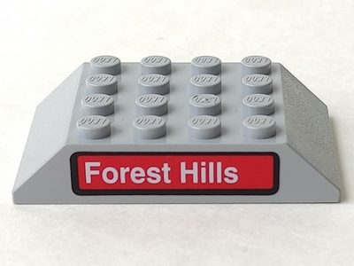 Lego Slope 45 6 x 4 Double with White 'Forest Hills' on Red Rounded Rectangle Pattern (Sticker) - Set 4855