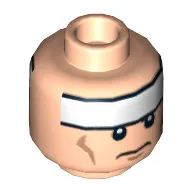 Minifig Head Batman, White Stripe on Forehead and Cheek Lines, Frown / Determined Print / Light Nougat