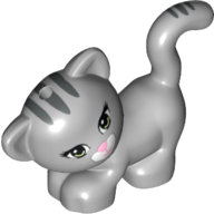 Lego Animal, Cat, Standing, Looking Left with Light Green Eyes, Dark Pink Nose and Mouth and Dark Bluish Gray Stripes Print / Light Bluish Gray