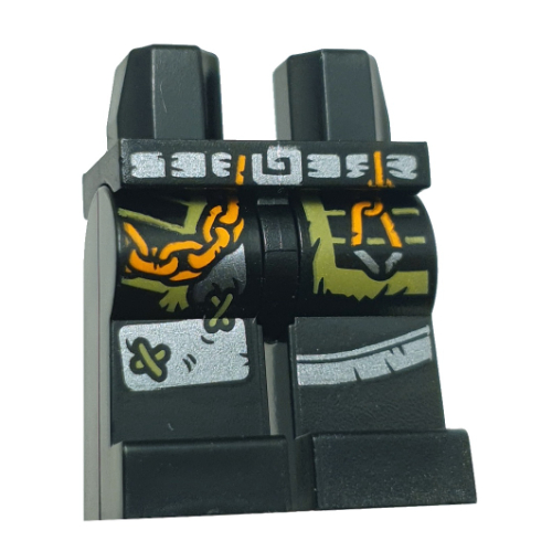 Lego Hips and Black Legs with Silver Belt, Orange Chain, Olive Green Pockets, Silver Knee Pads print / Black