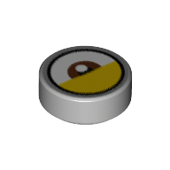Lego Tile Round 1 x 1 with Reddish Brown Eye Center, Yellow Eyelid (White Dot Away from Eyelid) print / Light Bluish Gray