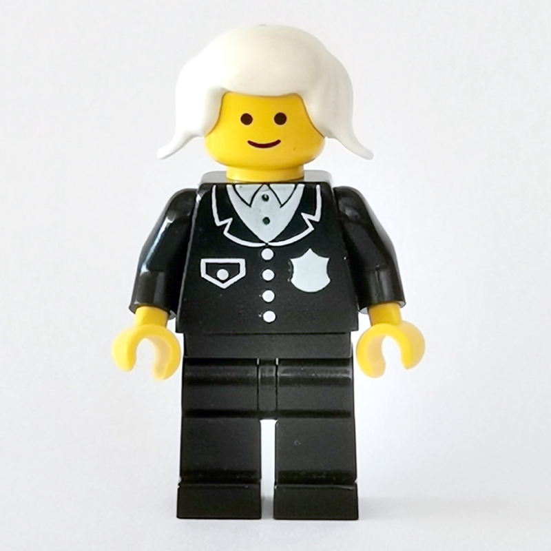 Lego Policewoman, Black Suit with Badge, White Hair