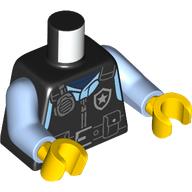 Lego Torso, Police Uniform, Black Vest, Silver Star Logo, Radio, Utility Belt print, Bright Light Blue Arms, Yellow Hands / Black