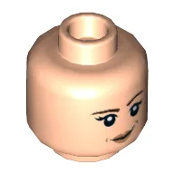 Minifig Head Leia / Soyona Santos / Captain Marvel, Brown Eyebrows, Eyelashes, Peach Lips, Smile / Angry Print / Light Nougat
