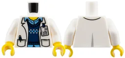 Torso Lab Coat with Pockets over Dark Blue Sweater and Medium Blue Shirt, ID Badge with Ultra Agents Logo Pattern (Christina Hydron) / White Arms / Yellow Hands