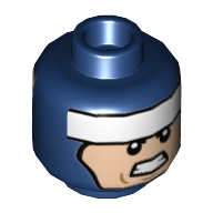 Lego Minifig Head Batman, Balaclava, White Stripe on Forehead, Smile Mouth Corner Raised / Clenched Teeth Print / Dark Blue