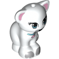 Lego Animal, Cat, Sitting with Medium Azure Eyes, Collar, Bright Pink Ears, Pendant, Light Bluish Gray Markings Print / White