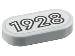 Tile, Round 1 x 2 Oval with Black Outline White '1928' Pattern (Sticker) - Set 910039