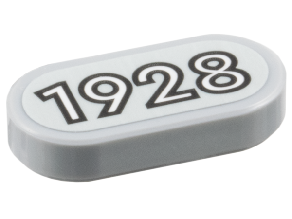 Lego Tile, Round 1 x 2 Oval with Black Outline White '1928' Pattern (Sticker) - Set 910039