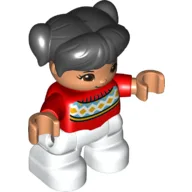 Duplo Figure Child with Ponytails and Bangs Black, with Red Sweater with a line of Orange Diamonds on White Diamonds - Nougat Face and Hands - White Legs / Red