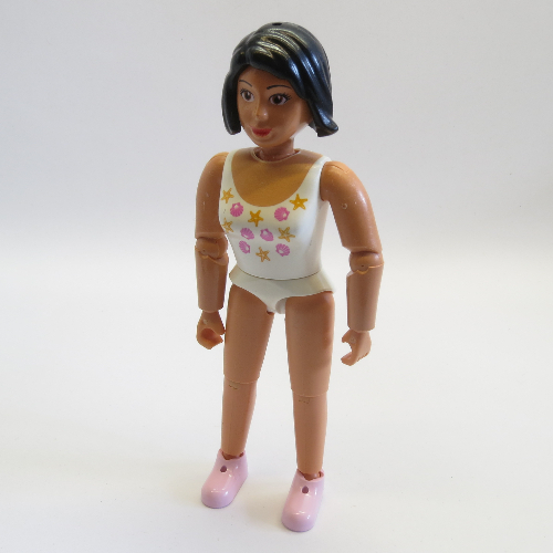 Lego Belville Figure Articulated Elbows, Female, Black Hair, Pink Shoes, White Swimsuit with Shells and Starfish Print / [No Color/Any Color]