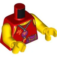 Torso, Silver Necklace, Magenta Charm, Belt, Bright Light Orange Asian Symbol on Back Print, Yellow Arms and Hands / Red