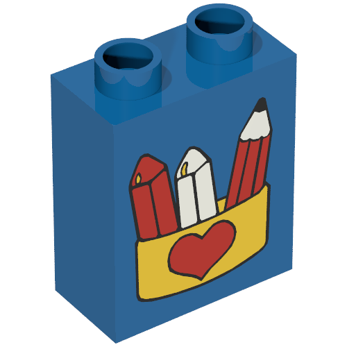 Lego Duplo Brick 1 x 2 x 2 with Pencil and Crayons in Box with Red Heart Print / Blue