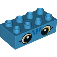 Duplo Brick 2 x 4 with White/Brown Eyes, 3 Blue Lines Print / Dark Azure
