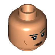 Minifig Head Cara Dune, Dark Red Lips, Eyebrows, Cheek Lines, Dark Bluish Gray Tattoo, Smile / Angry Print / Nougat