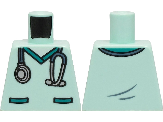 Lego Torso Hospital Scrubs with Dark Turquoise Pockets and Collar and Sand Blue and Silver Stethoscope Pattern